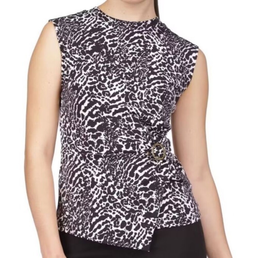 Michael Kors Women's Animal Print Sleeveless Ring Twist Top Black/White Size OX